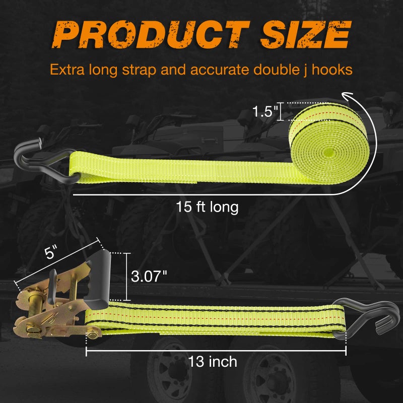 Autofonder 4PC 1.5" x15ft Ratchet Straps Heavy Duty-3000 lbs Break Stength,1000lbs Working Load-Cargo Tie Down Straps with Coated Double J Hooks for Securing Household Appliances, ATVS or Motorcycles - Image 3